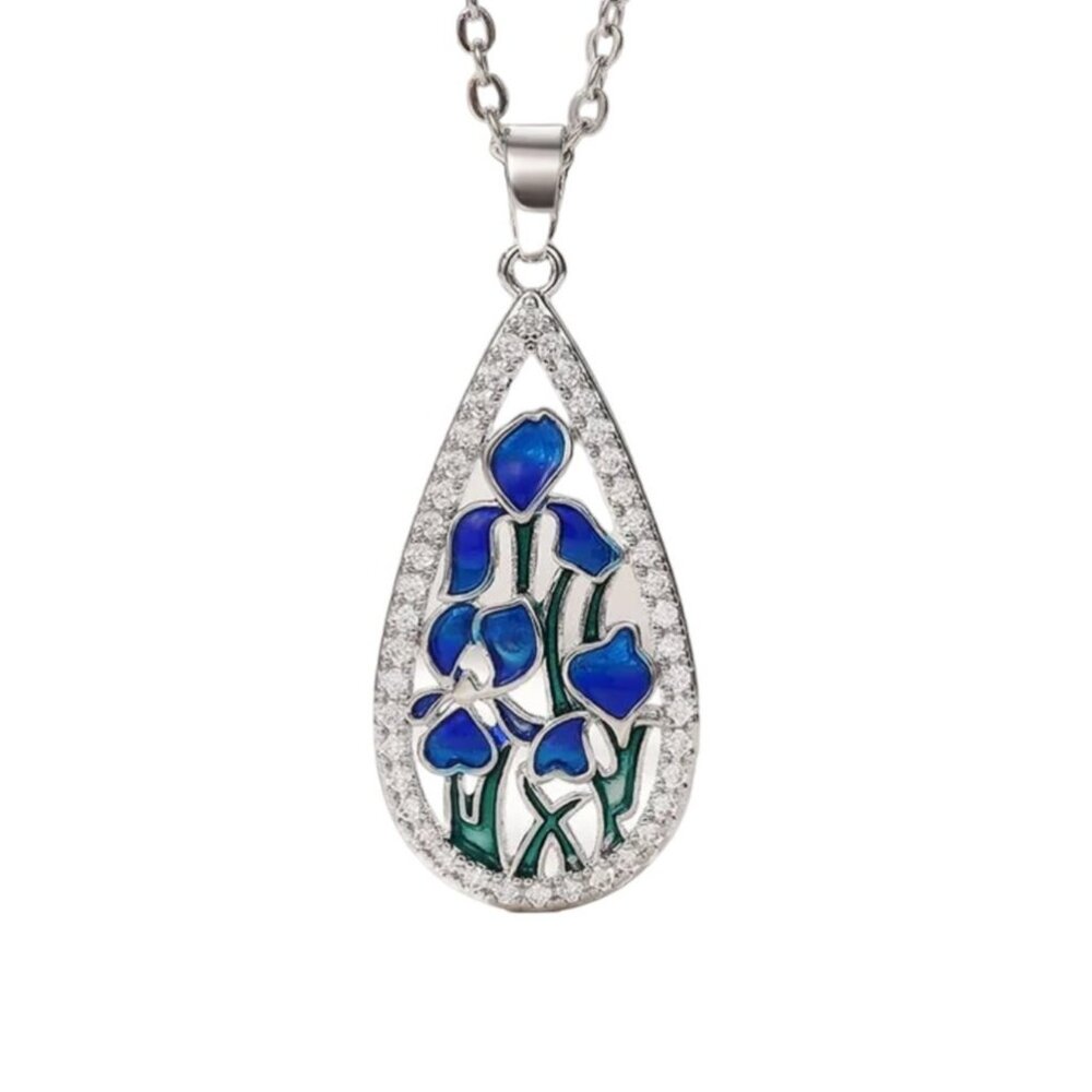 Iris Pendant Blue Enamel Teardrop with Crystals Silver Tone with Chain